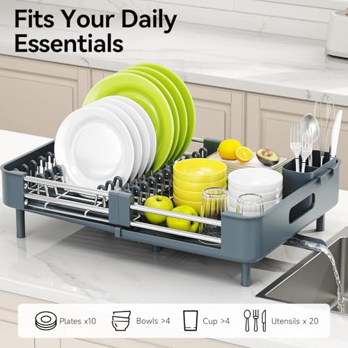 Urackify Stainless Steel Dish Drying Rack - Dish Drainer for Kitchen Counter, Extendable Drainboard with Foldable, Space-Saving Cup & Bowl Organizer, Includes Knife and Utensil Holder, Matte-Green - color: Dark Slate Teal