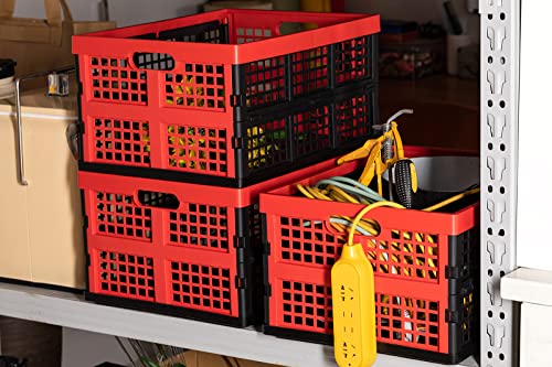 Eslite 34L Large Plastic Folding Storage Crates,Collapsible Crates for Storage,Pack of 3 (Black+Red) - color: Black+Red