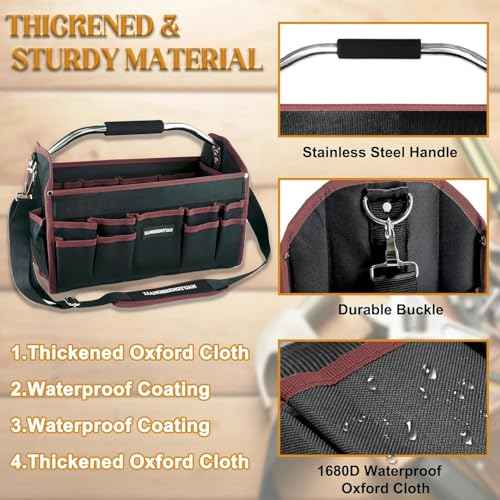 20 In Tool Carrier, Open Top Tool Tote 30 Pockets, Waterproof Tool Bag For Men, Foldable Wide Mouth Electricians Tool Bag, With Stainless Steel Handle and Removable Shoulder Strap