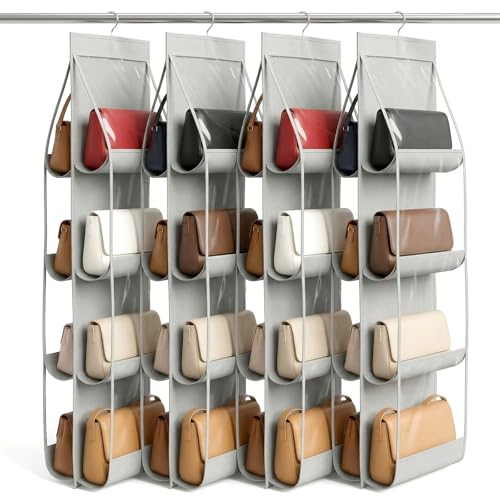 4-Pack Hanging Purse Organizer for Closet, Purse Storage Holder with 8 Clear PVC Pockets, Space Saving Handbag Hanger for Wardrobe Door Wall, Foldable Non-Woven Fabric, Gray