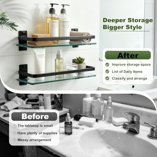 AIJALY 3 Pack Bathroom Glass Shelf,Aluminum Tempered Glass 0.3in Extra Thick Rectangular 1 Tier Storage Organizer Wall Mount,Black 15.7in - color: Black 3 Pack