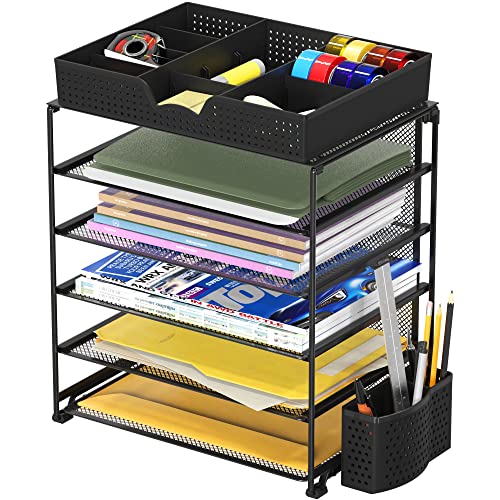 Simple Houseware 5-Tier Document File Tray with Supplies Sliding Drawer and Pen Bucket, Black