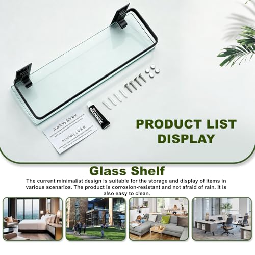 AIJALY 2 Pack Bathroom Glass Shelf, 15.7 Inches Black Bathroom Shower Glass Shelf Wall-Mounted, Metal Storage Floating Kitchen Shelf - color: Black 2 Pack