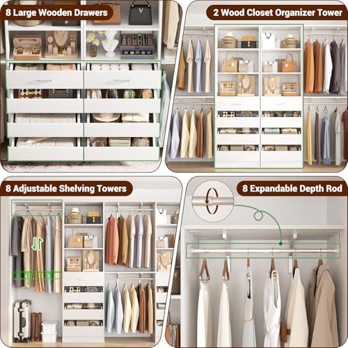Aheaplus Closet System with Drawers Set of 2, Wood Closet Organizer System with 8 Hanging Rods & Top Shelves, Walk-in Closets Organizer Wardrobe Clothes Rack System, Cut Fits Spaces 4-9FT, White1 - color: White