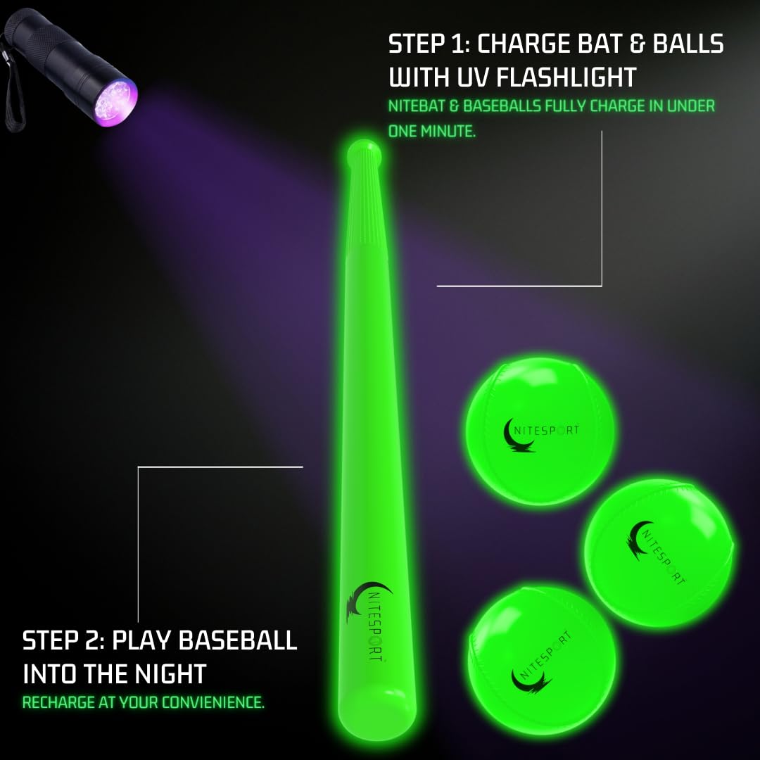 NiteSport Glow in The Dark Plastic Baseball Bat Set w/UV Light