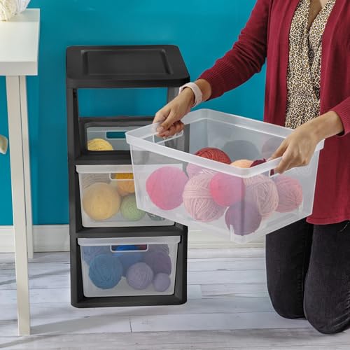 Plastic Drawer Wide Tower Plastic Storage Cart with Clear Pull Out Drawers, Black (Black, 3 Drawer Wide Tower) - color: Black