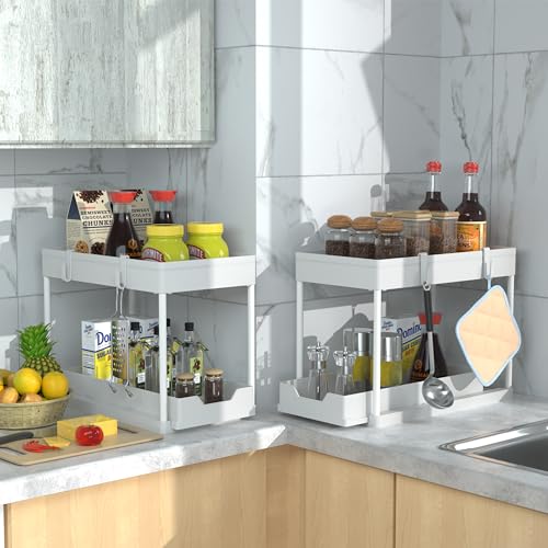 Under Sink Organizer - 2 Pack | Pull out Bathroom Organizer | 2 Tier Slide out Bathroom/Kitchen Organizers and Storage | White - style: 2 PACK White