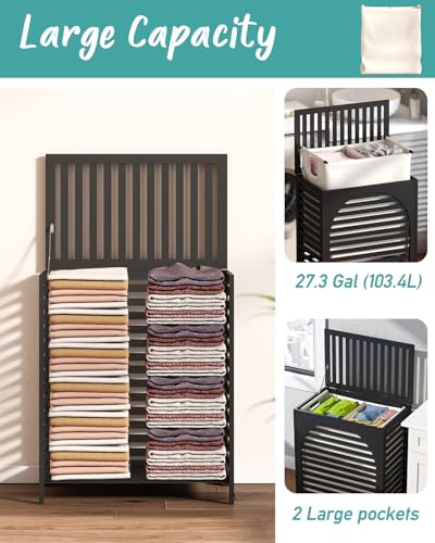 Black Laundry Hamper, Laundry Hamper with Lid, 27.3 Gallon (103L) Bamboo Wood Clothes Laundry Basket with Lid and Handles, Removable Liner - color: Black, size: Extra Large