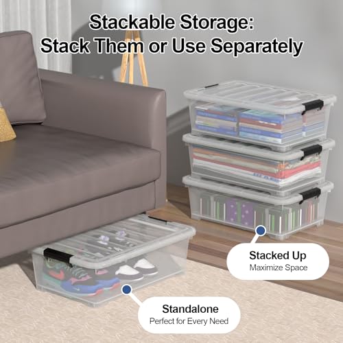 4 Packs 20 Quarts Under Bed Plastic Storage Bins with Lids, Clear Underbed Storage Containers with Wheels