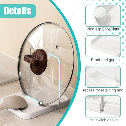 Pot Lid Holder with Spoon Rest for Stove Top and Kitchen Counter, Foldable Pot Lid Organizer with Non-Slip Pads for Lids, Spoons and Spatulas, White