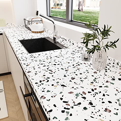 Terrazzo Contact Paper Peel and Stick Wallpaper Modern Granite Contact Paper for Countertops Waterproof Kitchen Self Adhesive Matte Thick Bathroom Countertop Stick Paper Vinyl Removable Shelf Liner