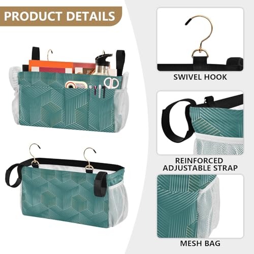 Bedside Caddy Hanging Bunk Bed Caddy Bed Organizer Hanging Pocket with 2 Hooks Bedside Storage Organizer Pocket Bag Holder Geometric Green - color: Geometric Green