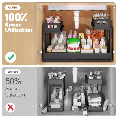1 Pack Expandable Under Sink Organizers And Storage With Upgrade Ball-Bearing Slide Tracks,2-Tier Pull Out Under Cabinet Organizer Height Adjustable,Slide Out Under Sink Drawers-Black(Patent Pending)