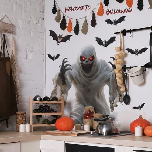 Halloween Wall Decals Scary Ghost with Red Eyes and Bats ? Spooky Horror Wall Stickers for Haunted House, Living Room, Party Decorations, Removable Halloween Decor
