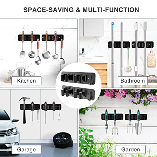 homeasy Wall Mount Mop and Broom Holder, Heavy Duty Stainless Steel Organizer Rack with Hooks | 2-Pack, 2-in-1 No Drill & Screw Installation, Black - color: Black-2