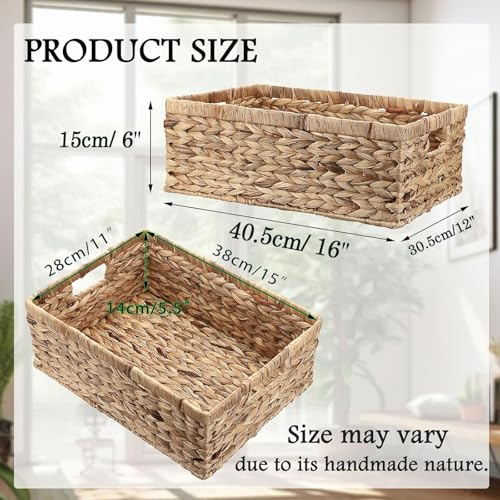 Wicker Basket for Shelf Natural Water Hyacinth Storage Baskets with Built-in Handles Rectangular Handwoven Basket Bin for Bathroom Kitchen Home Decor,16"x12"x6" - size: 16"Lx12"Wx6"H