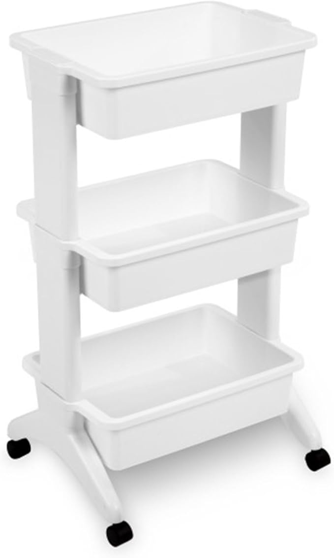 Sterilite 3 Tier Utility Cart Portable Storage Open Bin Organizer with 360 Degree Smooth Rolling Caster Wheels, Supports 10 lb Per Tier, White, 3-Pack