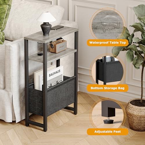 Narrow Side Table, Slim End Table with Magazine Rack, Bedside Table for Small Spaces, 3 Tier Sofa Couch Table Nightstand for Living Room, Bedroom, Oak Grey LET503Q - color: Oak Grey