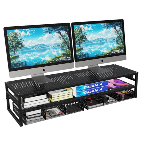 Simple Trending 2 Tier Metal Monitor Stand Riser with USB 2.0 and Charging Prot , Computer Office Desktop Organizer for 2 Monitors with 2 Drawer Storage and Reusable Cable Ties for Printer, TV, Black