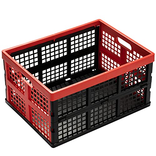 Eslite 34L Large Plastic Folding Storage Crates,Collapsible Crates for Storage,Pack of 3 (Black+Red) - color: Black+Red