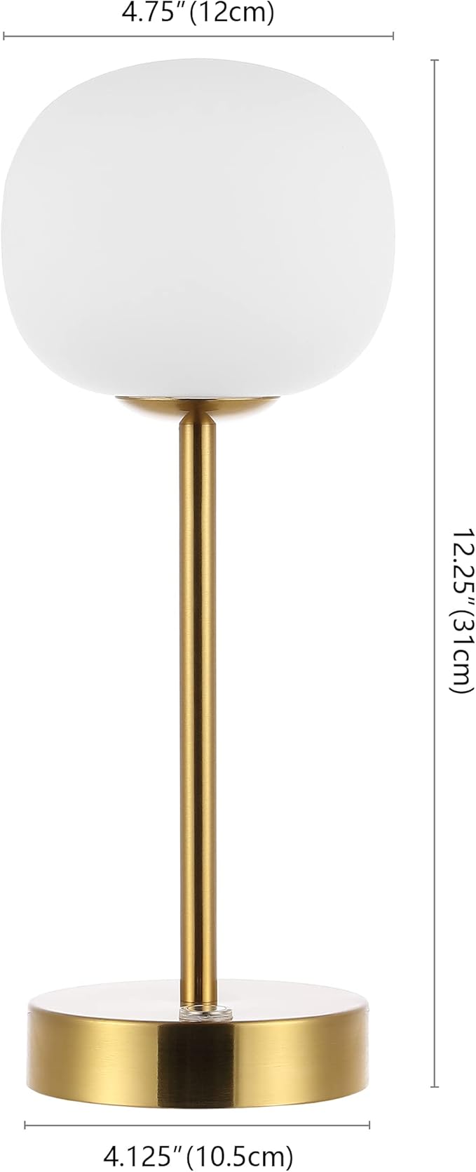 JONATHAN Y 12.25" Brass Gold/White Rechargeable Table Lamp, Modern Cordless LED Nightstand Lamp, White Glass Shade, Dimmable Portable Desk Lamp for Bedroom Living Room Dining (JYL7108C)