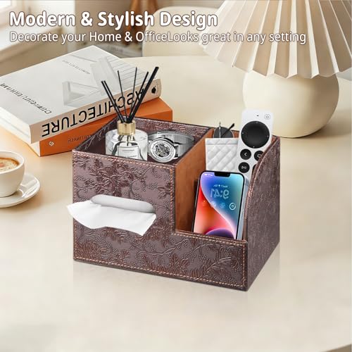 Leather Square Tissue Box Cover with Storage Tray,Cube Tissue Box Holder,Modern Facial Paper Organizer with Remote Control Holder for Bathroom,Vanity Countertop,End Table NightStand Home Office - color: Retro