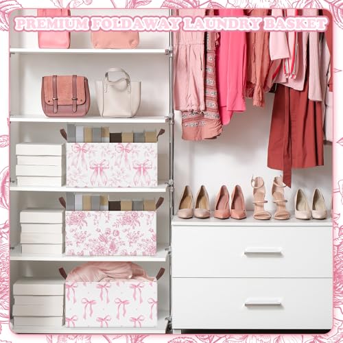 Boao 3 Pcs Pink Bow Storage Bin Coquette Collapsible Large Storage Baskets for Gifts Empty Candy Holiday Decor Canvas Laundry Basket Foldable Box with Handle for Office Home Bedroom Clothes - style: Pink Bow