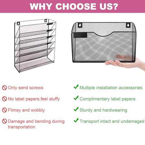 1 Pocket Mesh Wall File Holder Organizer Office Hanging File Folder Magazine Rack, Nametag Label Hooks Set Included (Black)