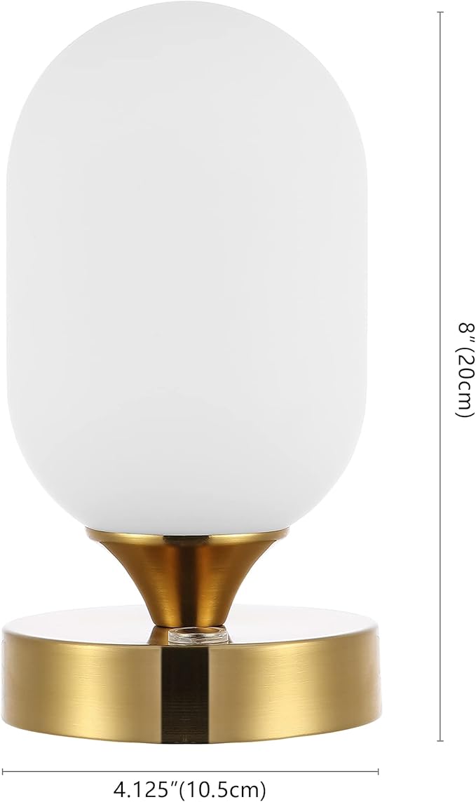 JONATHAN Y 8" Brass Gold/White Modern Rechargeable Integrated LED Table Lamp, Portable Cordless Accent Light with White Frosted Glass Shade, Dimmable Touch Sensor (JYL7111C)