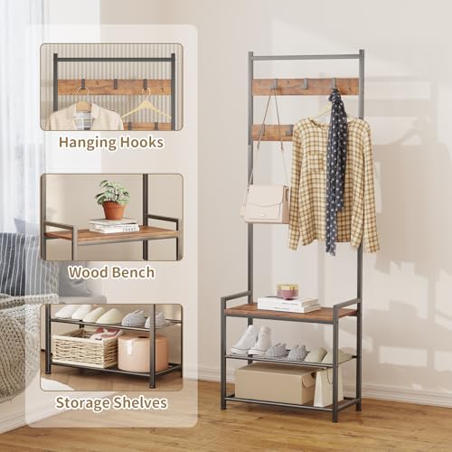 Coat Rack Hall Tree with Shoe Storage, Entryway Hall Tree Storage Bench, Wood Look Accent Furniture with Metal Frame, 3-in-1 Design, Rustic Brown - color: Brown