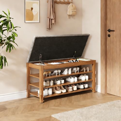 SolidWood Entryway Shoe Storage Bench, Flip-Top Soft-Close Lid, Adjustable Shelves, Cushioned Entryway Shoe Rack Organizer,Hallway, Closet, Foyer 39.4'' - size: 39.4"