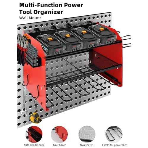 Power Tool Organizer wtih Charging Station£¬3 Layers Storage Rack with Screwdriver Rack 6 Drill Holders 8 Outlets Max Load 110lbs£¬for Workshop Garage Organizers and Storage Tool Battery Holder (Red)