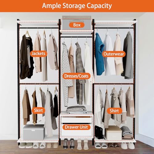 Wall-Mounted Steel & Wood Closet Organizer System with 4 Adjustable Shelves, 5 Hanging Rods, and 2 Drawers – Modern Open Wardrobe, White - color: BC03-white
