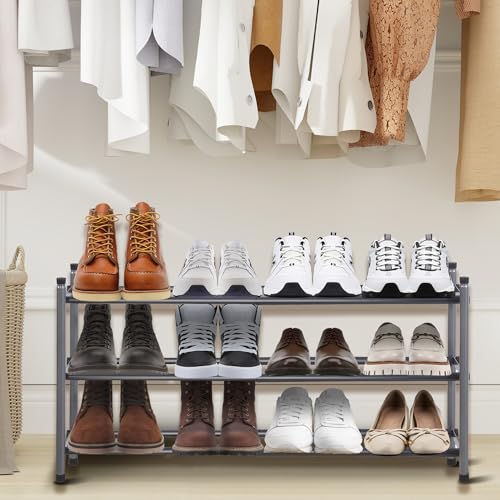 Easi 3-Tier Expandable Shoe Rack for Closet & Entryway, Adjustable 18"-33" Stackable Metal Shoe Organizer, Sturdy Free Standing Shoe Shelf for Small Space, Front Door, Cabinet - size: 3 Tier