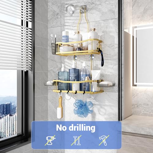 Aitatty Hanging Shower Caddy Bathroom Organizer: Rustproof Shower Shelf Racks Over Shower Head - No Drilling Inside Bath Shower Rack Shelves Over Showerhead for Shampoo with Soap Holder Gold - color: Gold