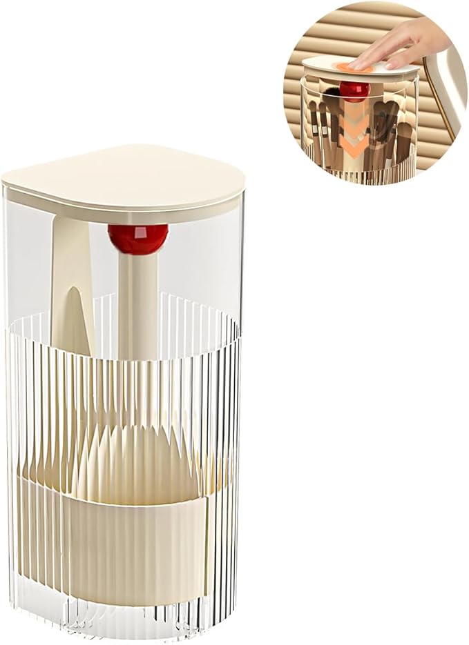 Makeup Brush Holder with Lid, One-Hand Press Open/Close Mechanism Cosmetic Tools Organizer, Clear Waterproof Dustproof Make Up Storage for Vanity, Bathroom Countertop-Cream-Red Ball