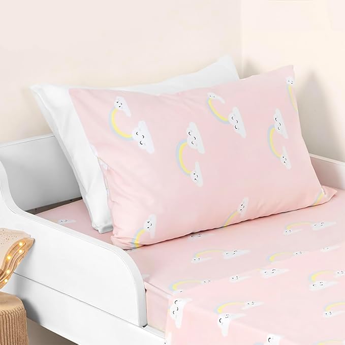 Salt Earth 100% Cotton 210TC Kids Bedsheet, Twin Fitted Sheet, Toddler Bed, 2 Piece Bedding Set- 1 Fitted Sheet and 1 Pillowcase, Themed Toddler Bed Sheets, Cute Sheets for Kids Bed (Rainbow)