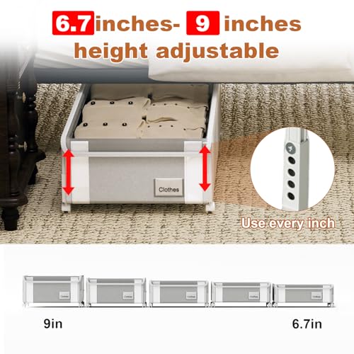 Fokyfok 2Pack Under Bed Storage with Wheels,6.7"-9" Adjustable Height Underbed Storage,Under Bed Storage Containers,Rolling Under Bed Clothes Storage,Metal Under Bed Drawers for Shoes,Blankets,Toys - size: Height 6.7"-9"