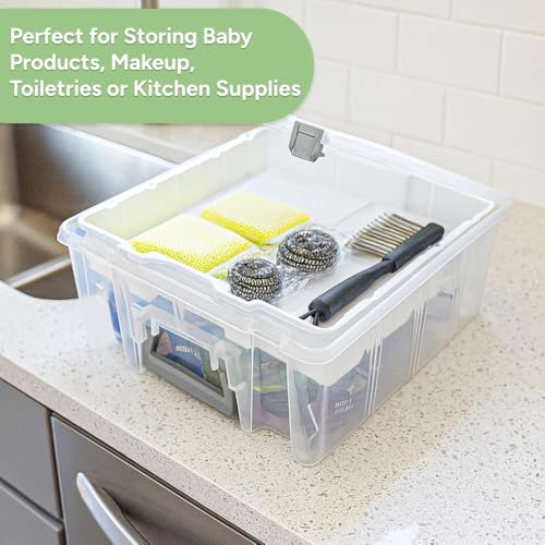 Best Kept Super Satchel Double Deep with Lift-Out Tray and Removable Dividers, Stackable Home Storage Organization Container, Clear with Sliver Latches and Handle - style: Lift-Out Tray & 8 Lower Removable Dividers