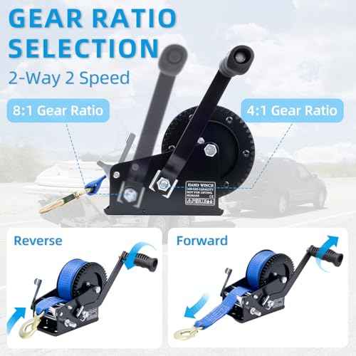 3500LBS Heavy Duty Boat Trailer Winch with 32FT Strap, 2-Way Ratchet, 4:1/8:1 Gear Trailer Winch, Portable Hand Crank for Boat, Truck, Trailer, RV, ATV, Jet Ski