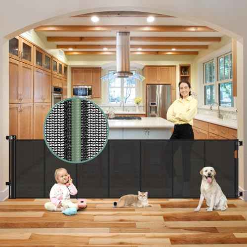 Reinforced Bottom 100 Inch Retractable Baby Gates Extra Wide Baby Gate for Large Openings, 8 ft Super Long Child Gates for Large Openings, Mesh Retractable Dog Gate for Doorways Extra Wide, Black