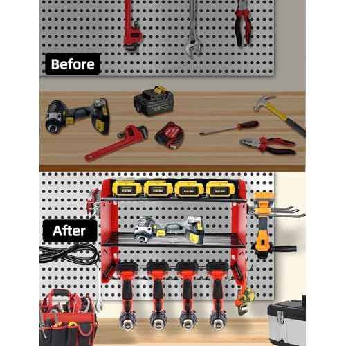 Power Tool Organizer wtih Charging Station£¬3 Layers Storage Rack with Screwdriver Rack 6 Drill Holders 8 Outlets Max Load 110lbs£¬for Workshop Garage Organizers and Storage Tool Battery Holder (Red)