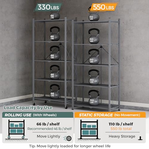 DEANIC 70.7" Tall Extra Large 5-Tier Folding Storage Shelf with Wheels, No Assembly Collapsible Metal Rack with Leveling Feet for Garage, Pantry, Basement, Vendor Display, Kitchen(Gray,1 Pack) - color: Grey