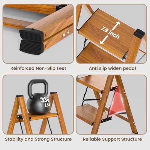 HBTower Step Ladder,Lightweight Aluminum Folding Step Stool with Anti-Slip Wide Pedal,330lbs Capacity Step Ladder for Household,Kitchen,Office - Woodgrain