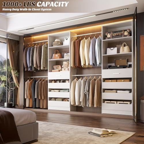 Aheaplus Closet System, 4-9Ft Closet Organizer with 4 Wooden Drawers, Wood Closet Organizer System with Tower, Walk-in Closet Organizer Wardrobe Clothes Rack with 4 Hanging Rods, Garment Rack, White - color: White