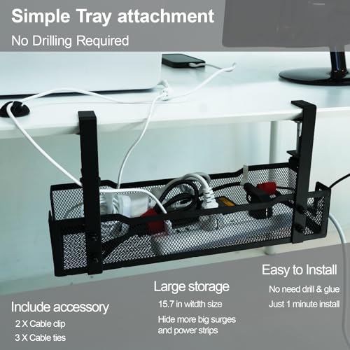 No Drill Under Desk Cable Management Tray with clamp-Premium Wire Tray Cord Organizer – Thin Steel Cable Tray Basket with Charger Holder for Desk–Black Cable Management Box–Easy to Install