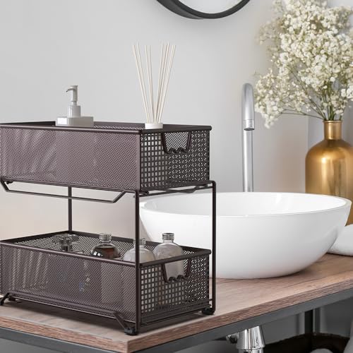 Deco Brothers 2 Tier Bathroom Storage Organizer with Pull-Out Drawer, Bronze - color: Bronze