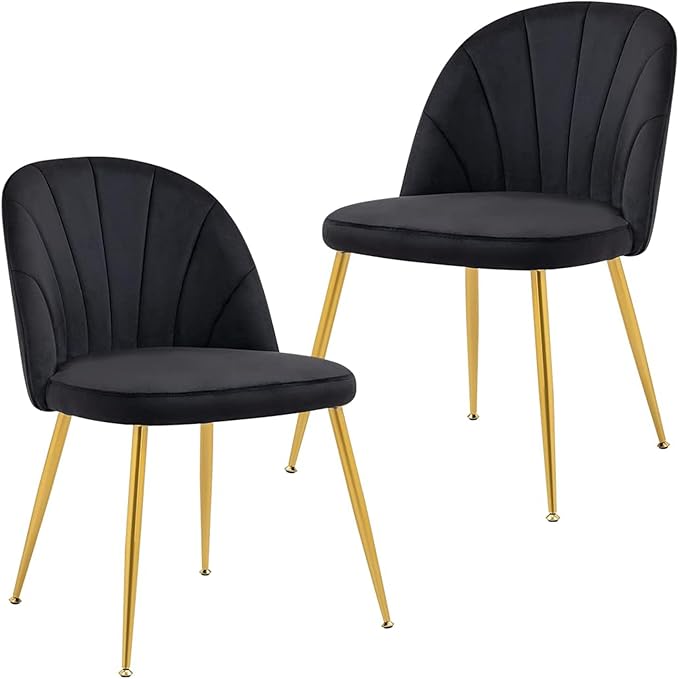 Velvet Dining Chairs Set of 2, Upholstered Mid Century Modern Dining Chairs, Armless Accent Chair with Metal Gold Legs for Living Room, Kitchen, Dining Room, Black
