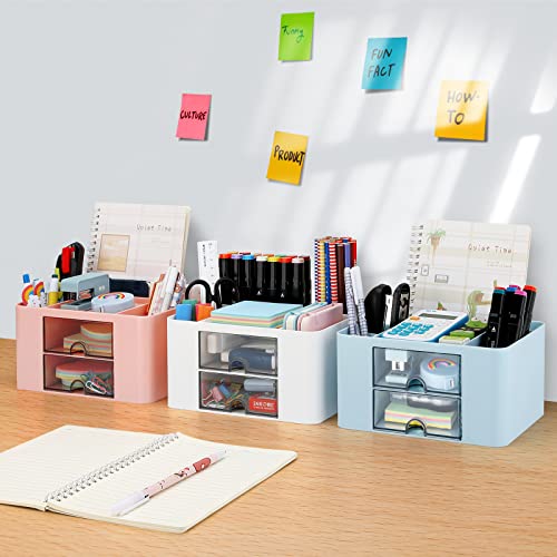Desk Organizer with 2 Drawer, Plastic Desktop Pen Pencil Card Holder Storage Box for Desk, Office Supplies, Vanity Table Office School Home (White) - color: White