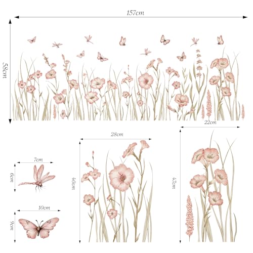 SHUCHING 61''X22 Pink Flower Wall Decal Peel and Stick, Vinyl Wildflower Wall Stickers, Floral Wall Decor Art for Living Room Girl Bedroom